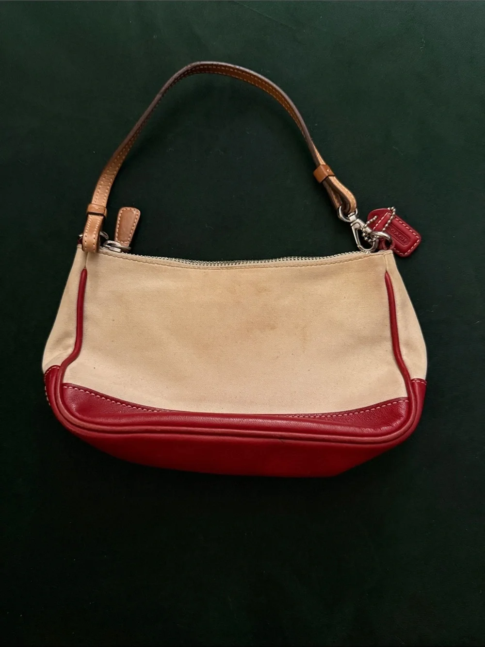 Coach Beige Canvas Shoulder Bag with Red Leather Trim